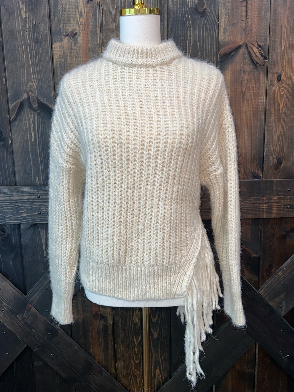 MNG Mango Fringe Oversized Sweater XS Beige Cream Chunky Knit Soft Cozy Casual